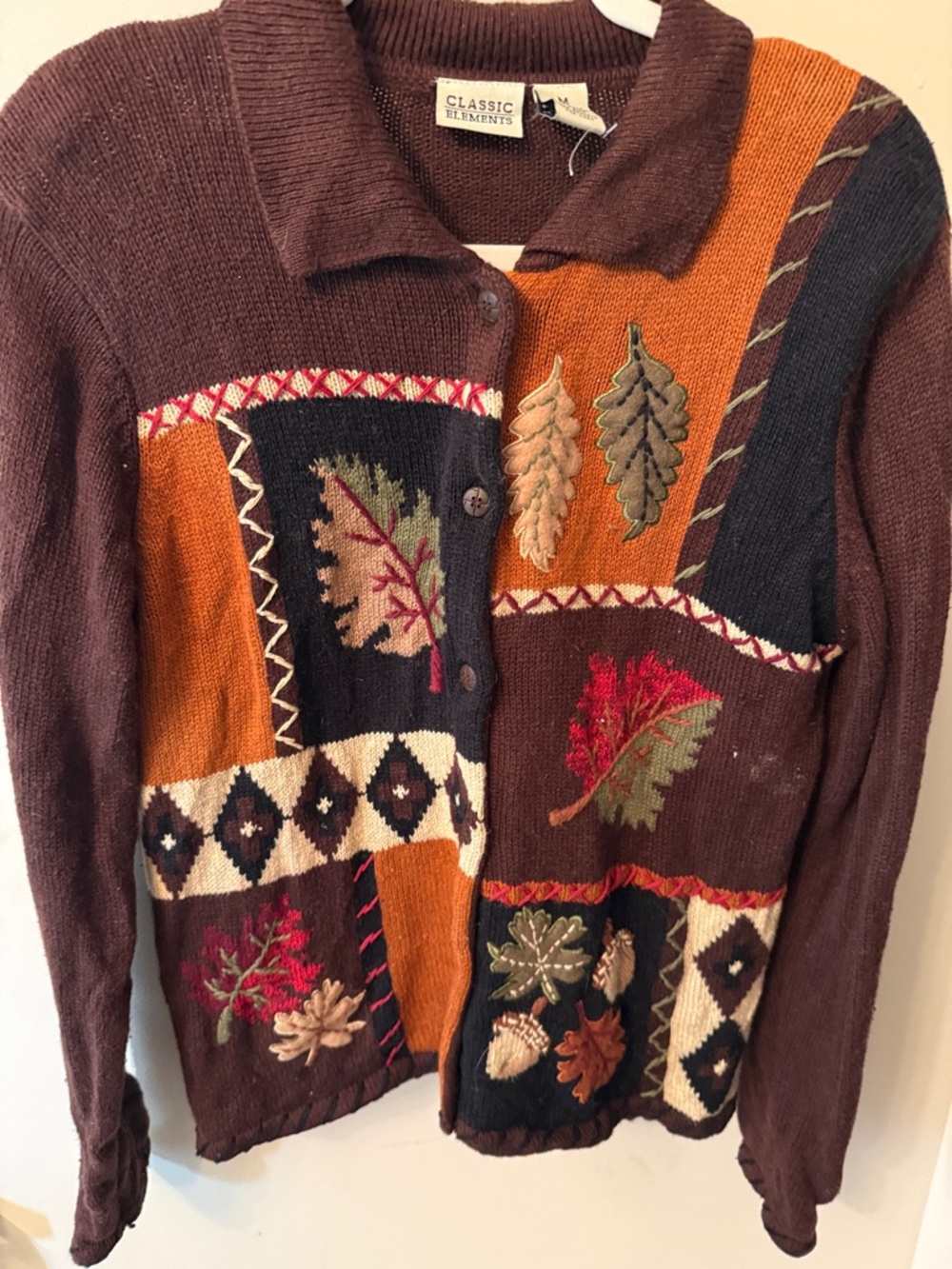 Classic Elements Brown Rust and Black Patchwork Leaf Embroidered Cardigan - Picture 7 of 7